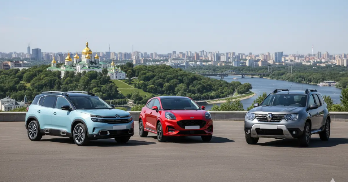 A light-blue Citroen C5 Aircross, a red Ford Puma, and a silver Renault Duster parked on an observation deck with a panoramic view of the Kyiv cityscape, featuring the Dnieper River and the golden domes of the Kyiv-Pechersk Lavra in the background.